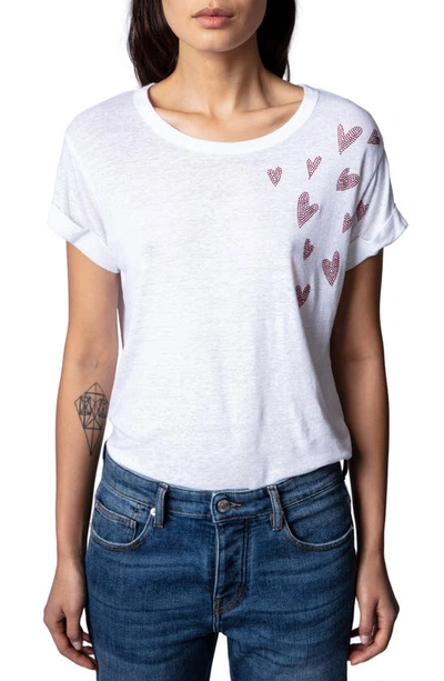 Shop Zadig & Voltaire Anya Beaded Hearts Linen Blend T-shirt In Blanc