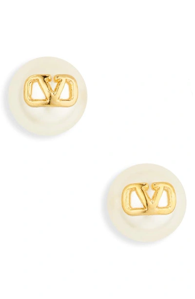 Shop Valentino Vlogo Imitation Pearl Stud Earrings In Oro 18
