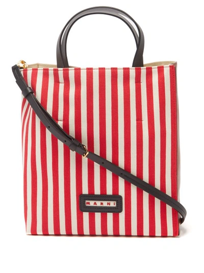 Marni Museo Small Striped-canvas And Leather Tote In Red | ModeSens