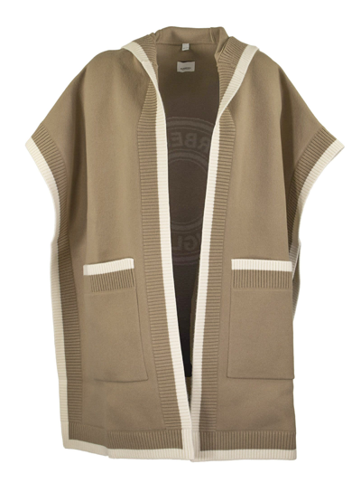 Shop Burberry Carla Knt - Wool And Cashmere Hooded Cape With Jacquard Graphics And Logo In Archive Beige