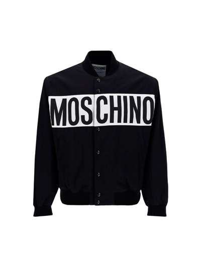 Shop Moschino Logo Printed Buttoned Bomber Jacket In Black