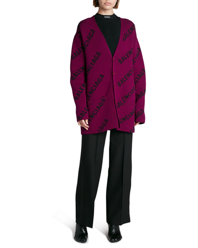 Shop Balenciaga Oversized Wool Logo Cardigan In Violet/nero