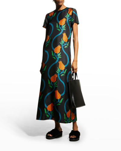 Shop La Doublej Floral Vine-print Silk Maxi Swing Dress In Melograno Nero
