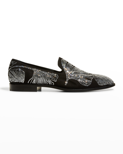 Shop Giuseppe Zanotti Men's Leaf Crystal Suede Loafers In Blk/silv