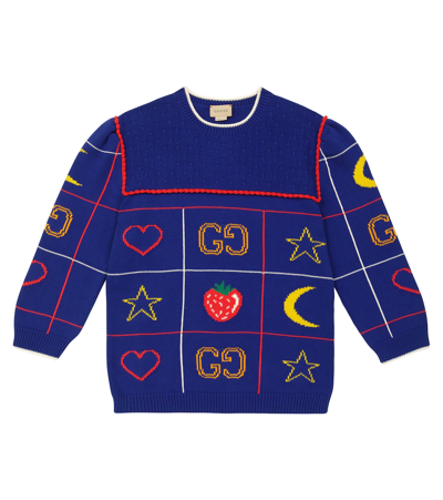 Shop Gucci Cotton Intarsia-knit Sweater In Deep Blue/mc