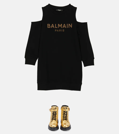 Shop Balmain Cutout Cotton Sweatshirt Dress In 930-nero