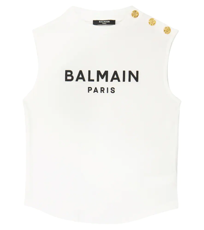 Shop Balmain Logo Printed Buttoned Cotton Top In 100ne-bianco/nero
