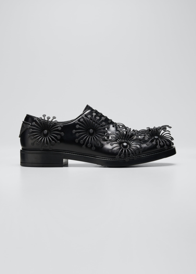Prada Men's Flower Leather Derby Shoes In Nero | ModeSens