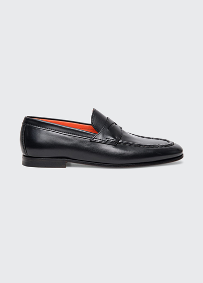 Shop Santoni Men's Door Leather Penny Loafers In Black