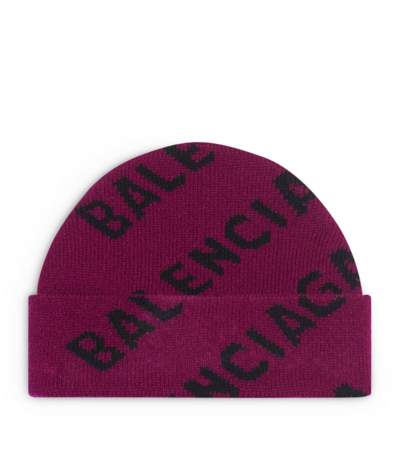 Shop Balenciaga Wool Logo Print Beanie In Purple