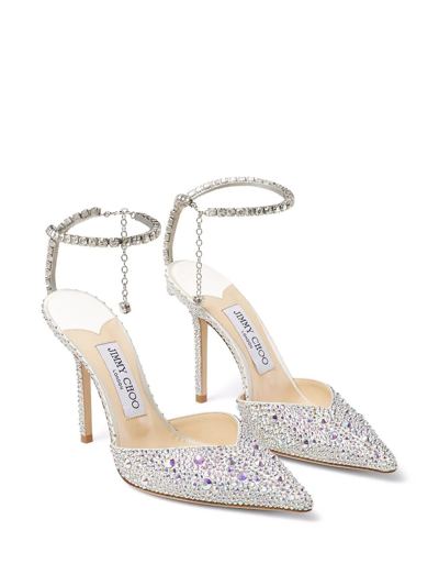Jimmy Choo 'saeda' Rhinestone Embellished Satin Slingback Pumps In Weiss
