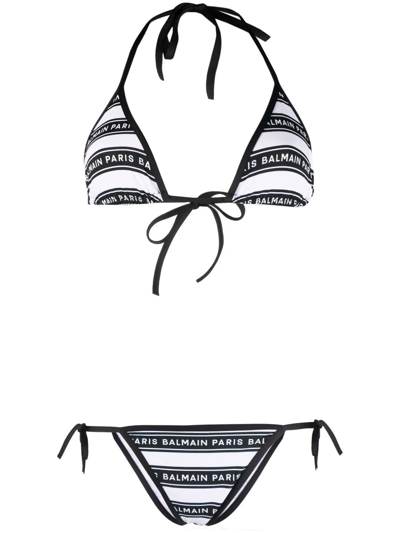 Shop Balmain Logo-print Striped Bikini Set In Schwarz