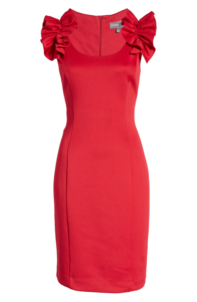 Shop Donna Ricco Ruffle Shoulder Sheath Dress In Crimson
