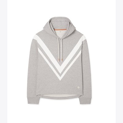 Shop Tory Sport Tory Burch French Terry Chevron Hoodie In Medium Grey Heather/snow White