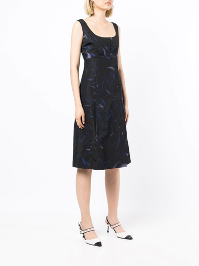 Pre-owned Celine  Abstract-print Silk Midi Dress In Black