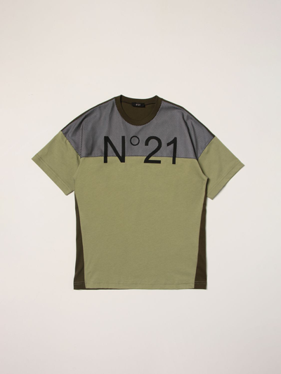 Shop N°21 N ° 21 T-shirt In Cotton And Tricolor Polyester With Logo In Military