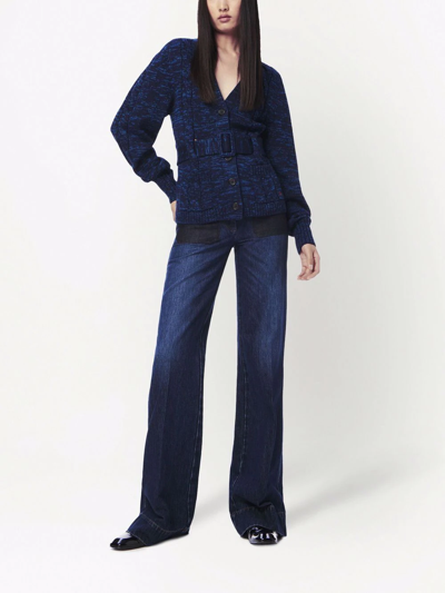 Shop Victoria Beckham Belted Cable Knit Cardigan In Blue
