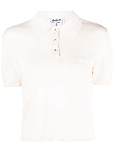 Pre-owned Chanel 1997 Cc-button Silk Polo Shirt In White