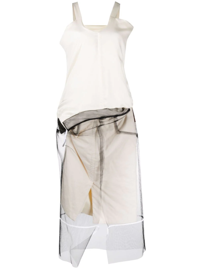 Maison Margiela Asymmetric Layered Padded Cotton, Satin-twill And Tulle Dress In Neutrals