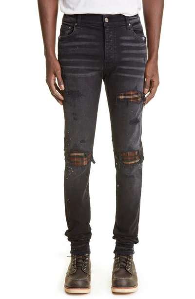 Shop Amiri Mx1 Plaid Patch Ripped Skinny Jeans In Aged Black