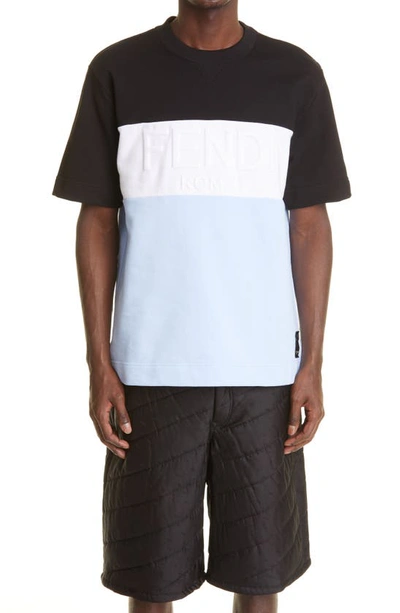 Shop Fendi Embossed Colorblock T-shirt In Black White Light Blue