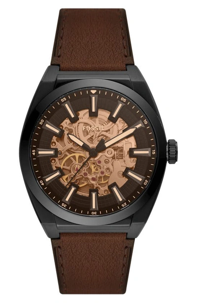 Shop Fossil Everett Skeleton Leather Strap Watch, 42mm In Black