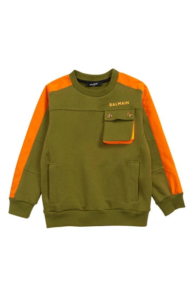 Shop Balmain Kids' Stripe Pocket Sweatshirt In Khaki Orange