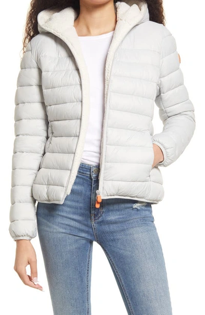 Shop Save The Duck Gwen Cozy Faux Fur Trim Hooded Puffer Jacket In Frozen Grey