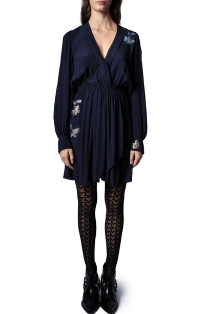 Shop Zadig & Voltaire Remember Beaded Floral Long Sleeve Dress In Encre