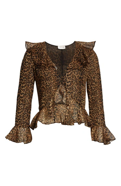 Shop Saint Laurent Leopard Print Wool Ruffle Blouse