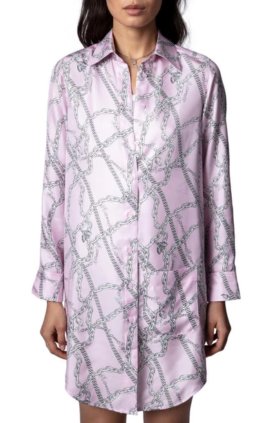Shop Zadig & Voltaire Chain Print Long Sleeve Silk Shirtdress In Dragee