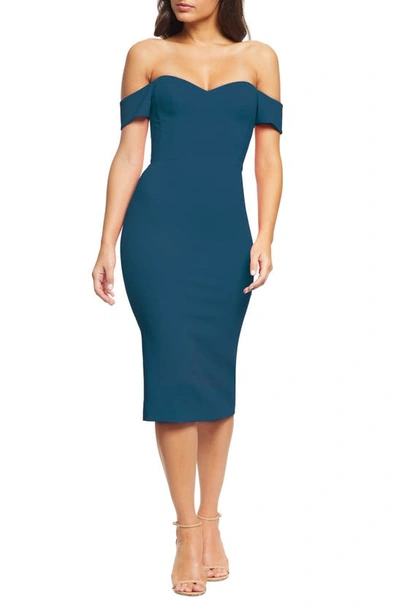 Shop Dress The Population Bailey Off The Shoulder Body-con Dress In Peacock Blue