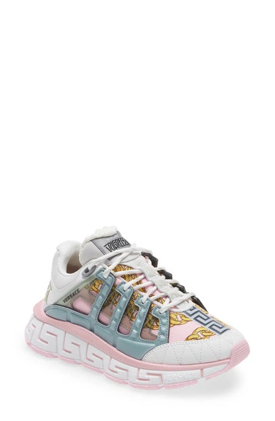 Shop Versace Trigreca Low Top Sneaker In White Candy Grigio