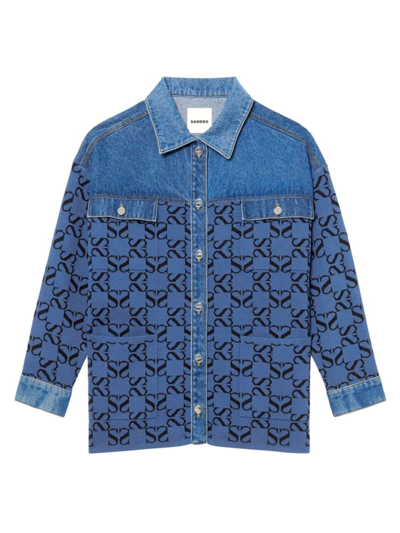 Sandro Augustin Monogram Panelled Denim Shirt In Blue