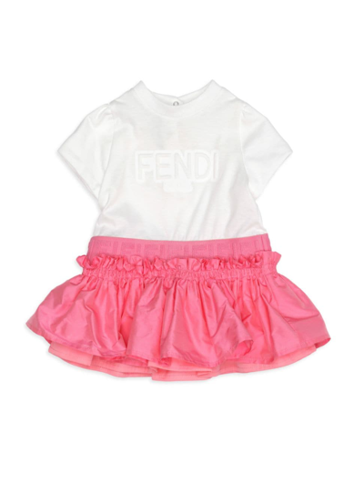 Shop Fendi Baby Girl's Logo Ruffled Dropwaist Dress In White Pink