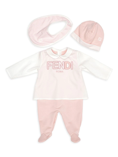 Shop Fendi Baby's 3-piece Multi-pattern Logo Coveralls, Hat & Bib Set In White Pink