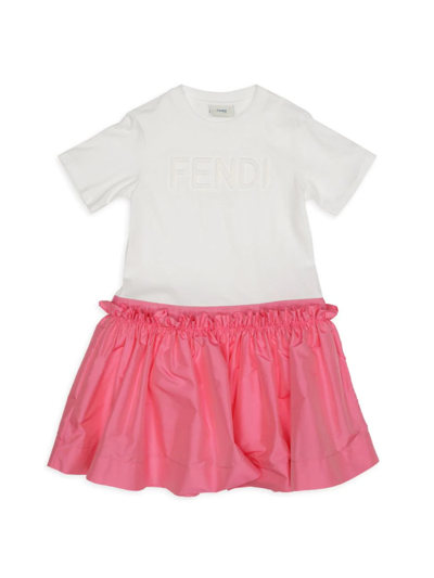 Shop Fendi Little Girl's & Girl's Logo Ruffled Dropwaist Dress In White Pink