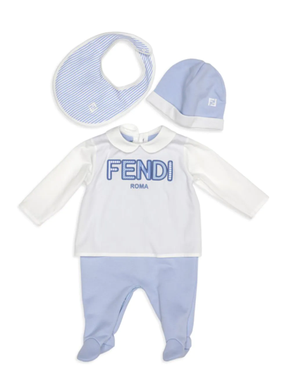 Shop Fendi Baby's 3-piece Multi-pattern Logo Coveralls, Hat & Bib Set In White Blue