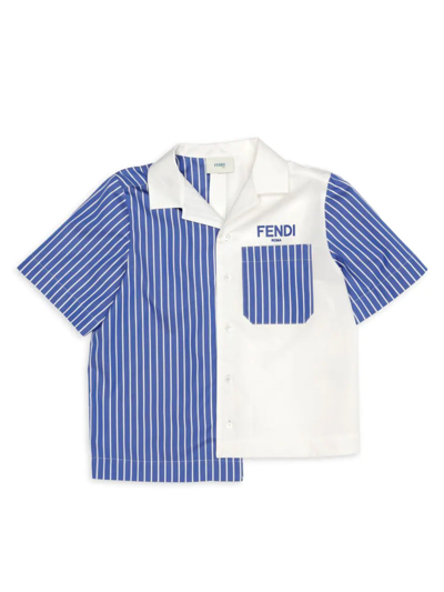 Shop Fendi Little Boy's & Boy's Half-striped Logo Shirt In White Navy
