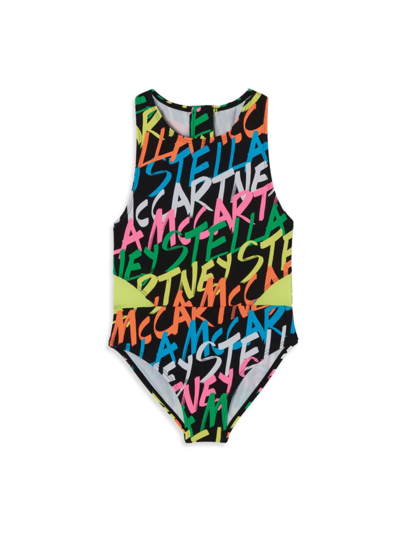 Shop Stella Mccartney Little Girl's & Girl's Scribble Jersey Sport Swimsuit In Neutral