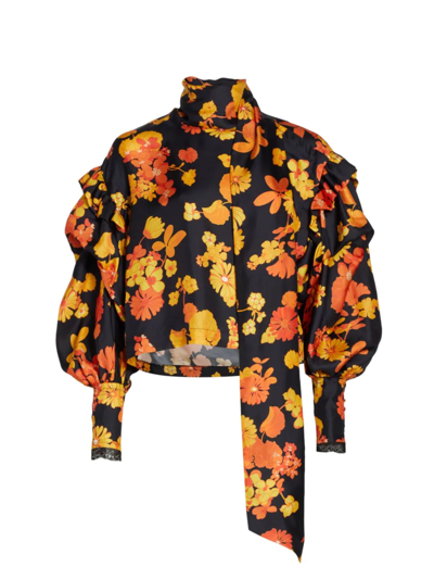 Shop Meryll Rogge Women's Floral Silk Puff-sleeve Top In Orange Multi
