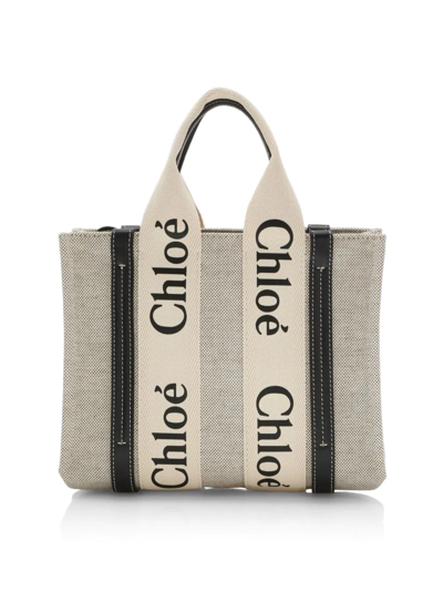 Shop Chloé Small Woody Canvas Tote In White Blue