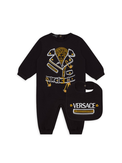 Shop Versace Baby's 2-piece Logo Trompe L'oeil Coverall & Bib Set In Black