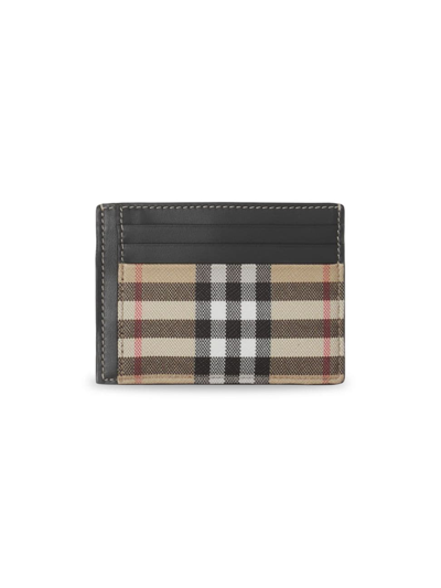 Shop Burberry Men's Check Leather Money Clip Cardholder In Archive Beige