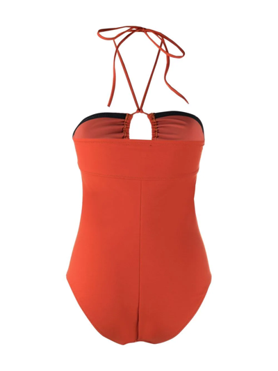 Shop Ulla Johnson Halterneck Gathered Swimsuit In Orange