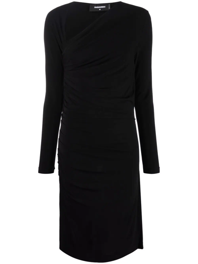 Shop Dsquared2 Asymmetric-neck Ruched Dress In Black
