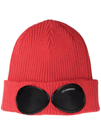 Shop C.p. Company Goggle-detail Ribbed Beanie In Red
