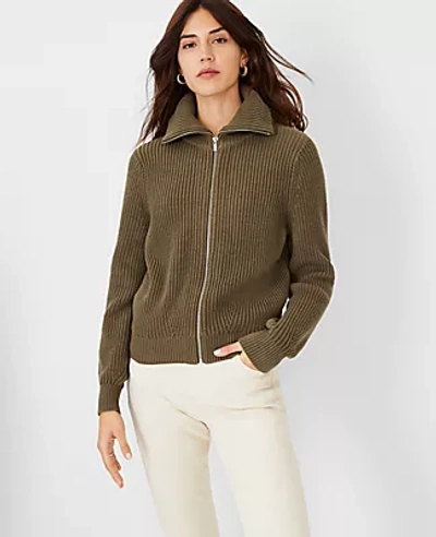 Shop Ann Taylor Collared Zip Sweater In Crushed Oregano