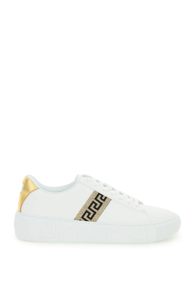 Shop Versace Leather Greca Sneakers In White,gold