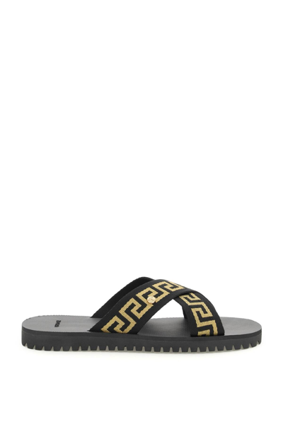 Shop Versace Criss-crossed Greca Ribbon Sandals In Black,gold
